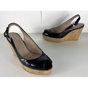Stuart Weitzman Jean Black Patent Women's Cork Wedge Heels US 7